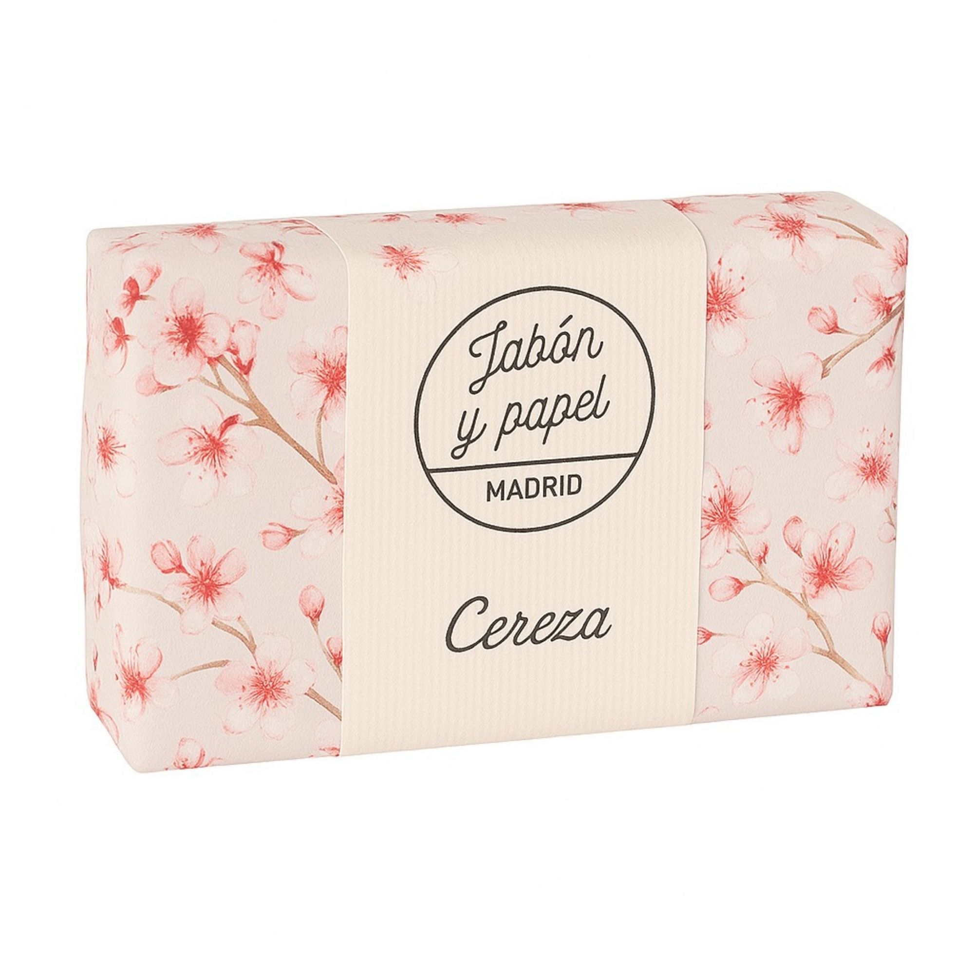 Jabón sólido natural de cereza elaborado artesanalmente y envuelto en papel decorativo color cereza de Jabón y Papel.